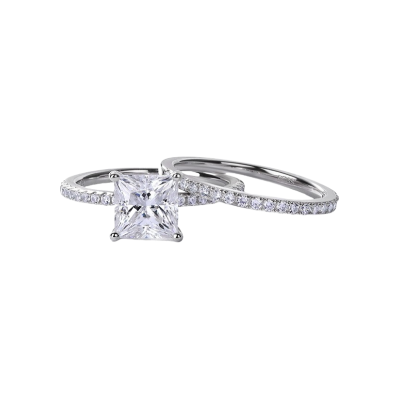 Eternal Moment 7*7MM/1.9CT S925 Sterling Silver Full Diamond Princess Square Moissanite Ring Set-M28